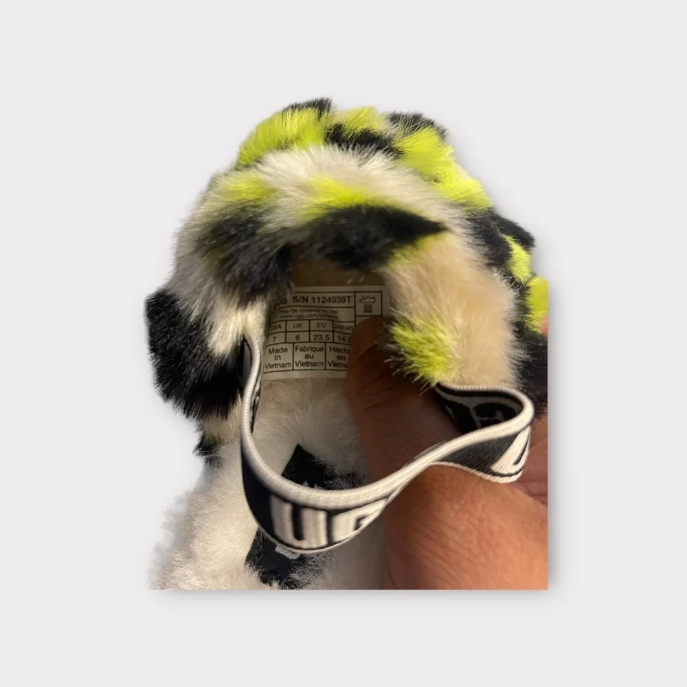 Ugg Fluff Yeah Faux Fur Green Black Cream Slides